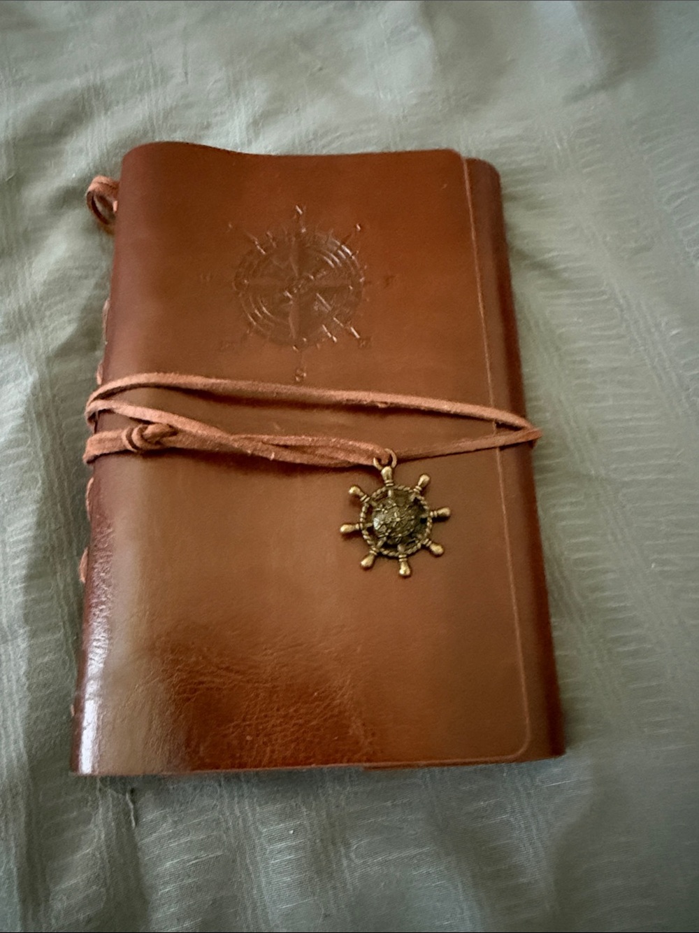 Classic Brown Leather Wrapped Journal for Men with Nautical Wheel Charm